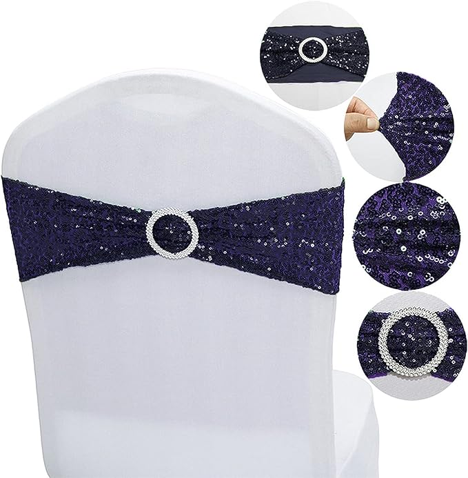 Dimatic 50 PCS Stretch Sequin Chair Sashes Chair Stretchy Spandex Bands for Wedding Reception Events Banquets Chairs Decoration (Navy)