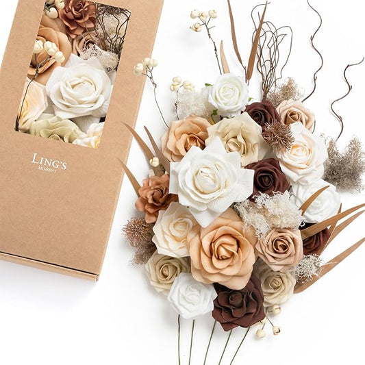 Ling's moment Fake Flowers Box, Faux Artificial Greenery Stems Foam Roses Gardenia Silk Willow Fabic Flower for Centerpieces Bouquet Wedding Vase Decorations, Sand Beige & Walnut Brown, Deluxe Combo