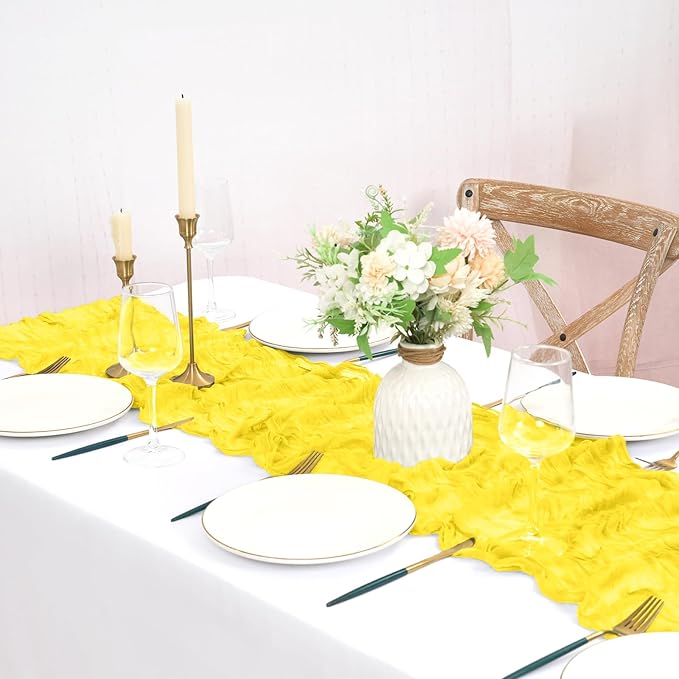 8 Pack Yellow Cheesecloth Table Runner 10FT Boho Gauze Cheese Cloth Table Runner Rustic Sheer Fabric Table Runners for Wedding Bridal Shower Baby Shower Party(21.5×120 Inch)