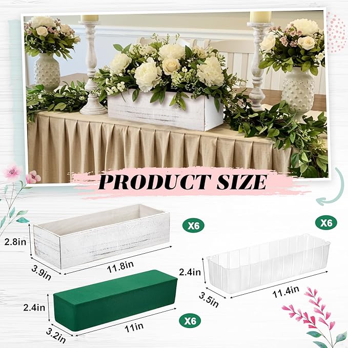 Dandat 6 Set Wood Boxes for Centerpieces 12x4 Inch Rectangle Wooden Planter Box Rustic Wooden Planters with Removable Plastic Liner Floral Foam Blocks for Christmas Wedding Home Garden Decor(White)