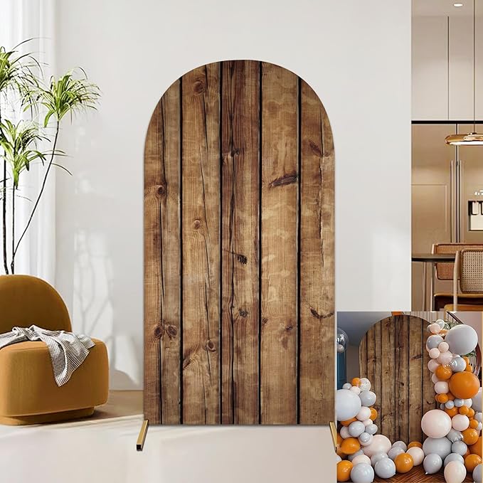 Rustic Wood Arch Cover 7.2FT Wood Vintage Texture Spandex Stretch Fabric Fitted Round Top Arch Stand,Chiara Backdrop Cover for Photography,Wedding,Birthday,Ceremonies,Banquets