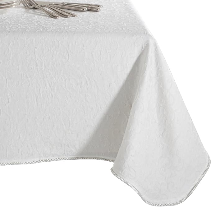 Lenox Opal Innocence 60” x 84” White Rectangle Tablecloth - Machine Washable, Wrinkle-Resistant, Table Cover