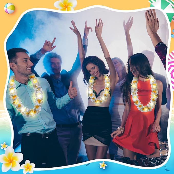 Sherr 48 Pcs LED Hawaiian Leis Light up Flower Leis Necklace with LED Lights Luau Flowers Necklaces for Masquerade Beach Wedding Tropical Themed Party Supplies(White with Yellow)