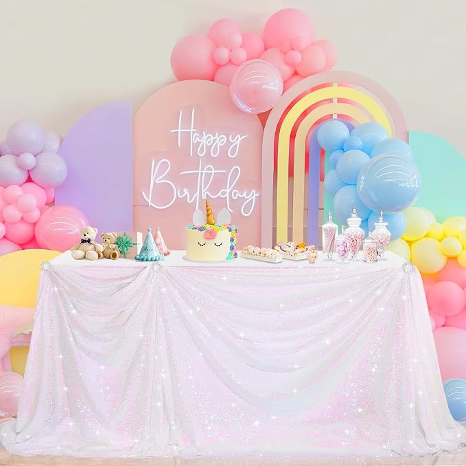 B-COOL Sequin Tablecloth White Iridescent Table Overlay Rainbow Table Cloths 90x132inch Seamless Tablecloth Sparkly Wedding Party Decorations