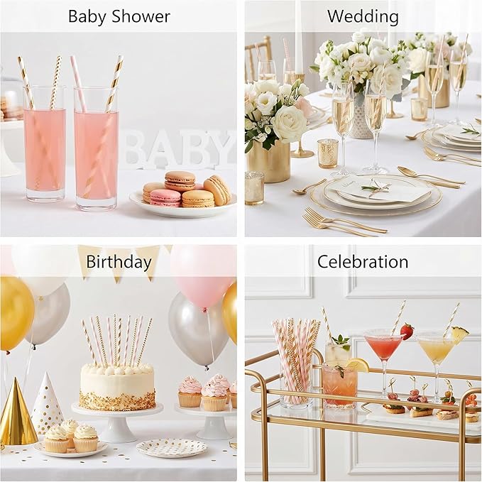 ALINK Biodegradable Paper Straws, 100 Pink and Gold Straws for Party Supplies, Birthday, Wedding, Bridal/Baby Shower, Christmas Decorations and Holiday Celebrations