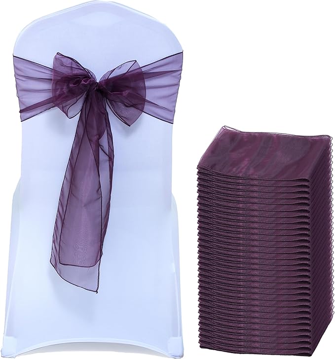 MDS® Pack of 75 Organza Chair Sashes for Wedding Decoration, Reusable Sheer Chair Bows for Banquet Chair Cover, Reception, Bridal Shower, Baby Shower, Birthday Party & Special Events - Plum