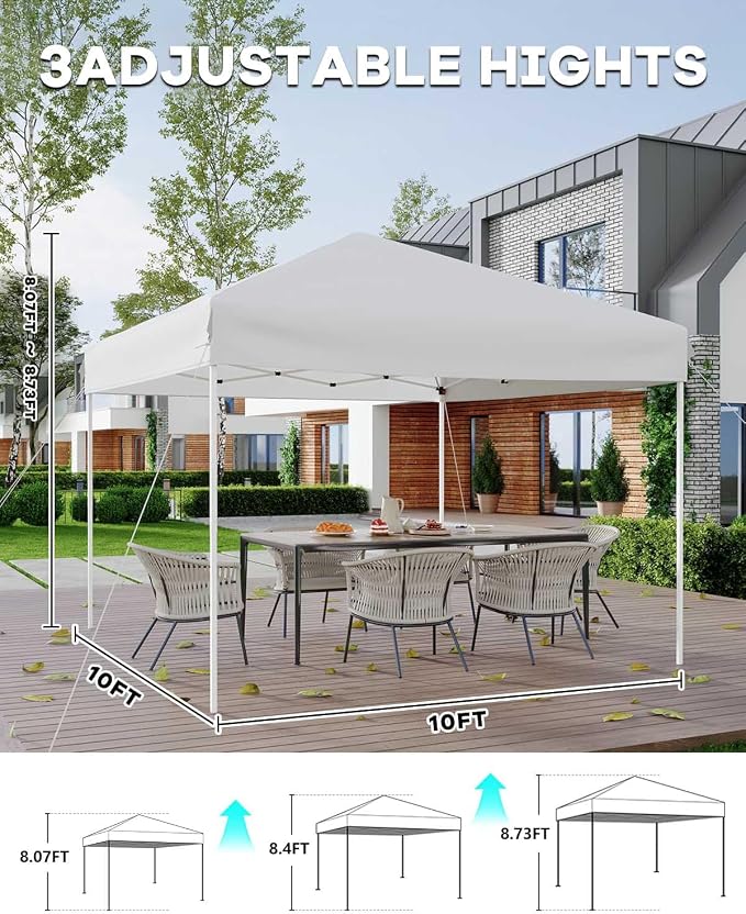 10x10 Pop Up Canopy Tent, Easy Up Canopy with 3 Adjustable Height, Outdoor Sun Shade with 4 Sandbags & Carrying Bag for Camping, Parties,Outdoor Events - White