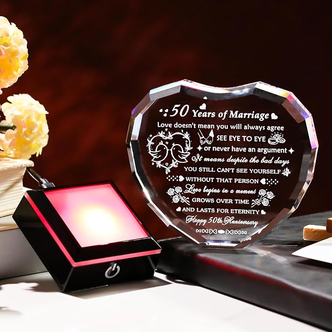 Arikyrist 50th Wedding Anniversary Crystal Gifts for Couple Parents, Laser Engraved 50 Years Anniversary Heart Keepsake Gifts for Wife Husband, Romantic 50 Year of Marriage Gift for Him Her Friends