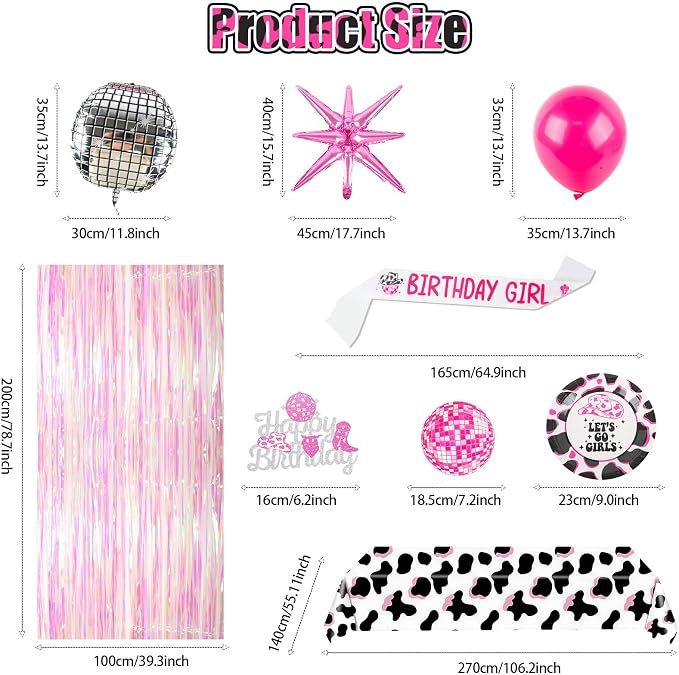 185Pcs Cowgirl Birthday Party Decorations Supplies - Includes 20 Guests Tableware Set and Birthday Banner Backdrop Foil Balloons Stand Cake Toppers for Western Disco Cowgirl Party Decor