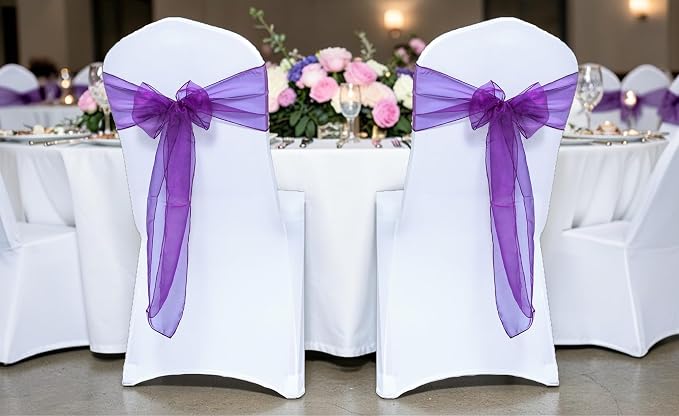 MDS® Pack of 75 Organza Chair Sashes for Wedding Decoration, Reusable Sheer Chair Bows for Banquet Chair Cover, Reception, Bridal Shower, Baby Shower, Birthday Party & Special Events - Dark Purple