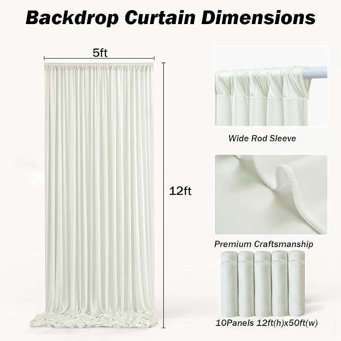 50ft×12ft Ivory Backdrop Curtain for Wedding Parties, 10 Panels Wrinkle Free Polyester Photo Backdrop Drapes Back Drop Cloth for Birthday Photography Background