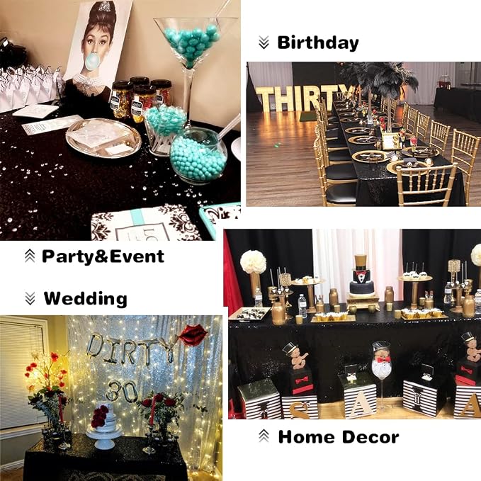 Eternal Beauty Black Tablecloth, 60x102 Inch Sequin Rectangle Table Cover for Cake Dessert Exhibition Party Birthday Events