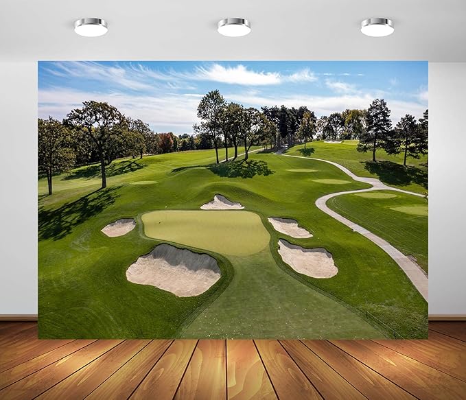 BELECO 5x3ft Fabric Golf Course Backdrop for Photography Green Grass Lawn Bunker Trees Blue Sky White Clouds Outdoor Golf Backdrop Golf Party Decorations Birthday Shoot Holiday Photo Studio Props