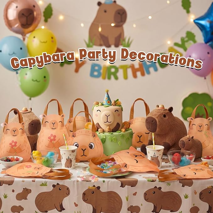 Locmeo 24 Pcs Capybara Party Favors Bags 10 Inch Capybara Birthday Gift Bags Bulk Nonwoven Reusable Tote Bag with Handle for Goodie Snack Treat Cute Capybaras Party Supplies Birthday Decoration