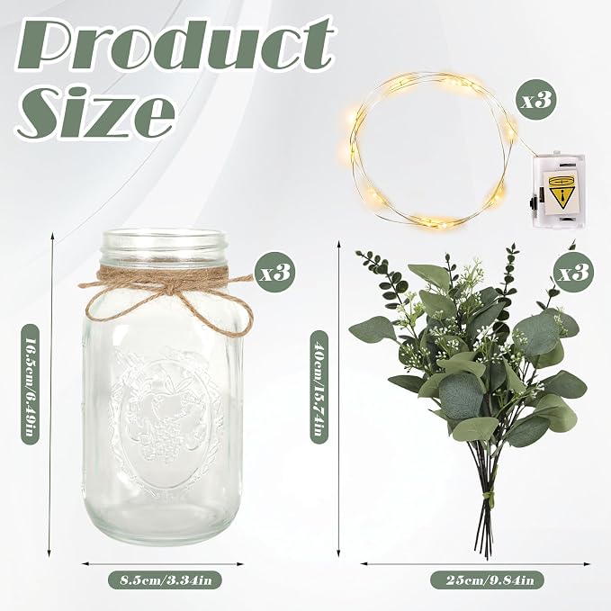 Set of 3 Mason Jar Lights, Plant Decorative Jars Vase Holiday Table Decor | Farmhouse Table Centerpiece for Home Wedding Event Party Decor