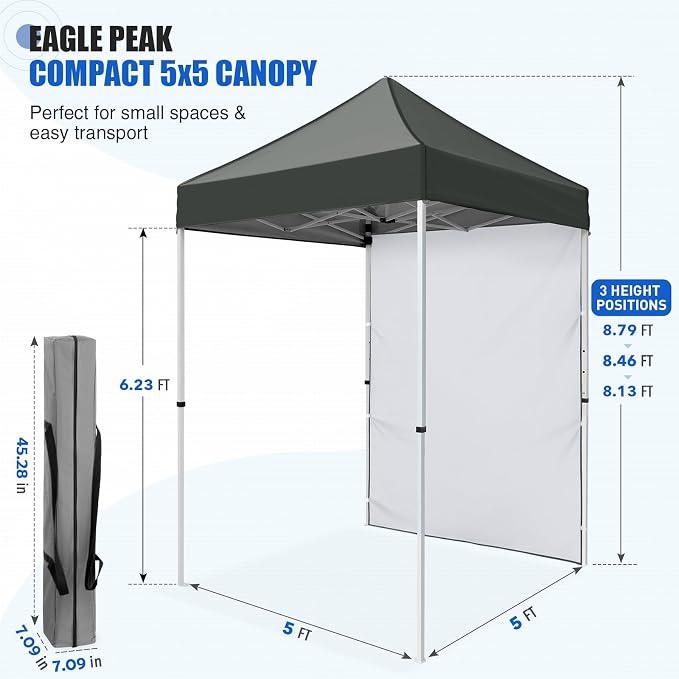 EAGLE PEAK Pop up Canopy 5x5, Outdoor Portable Canopy Tent with One Removable Sunwall, Carry Bag Included, Gray