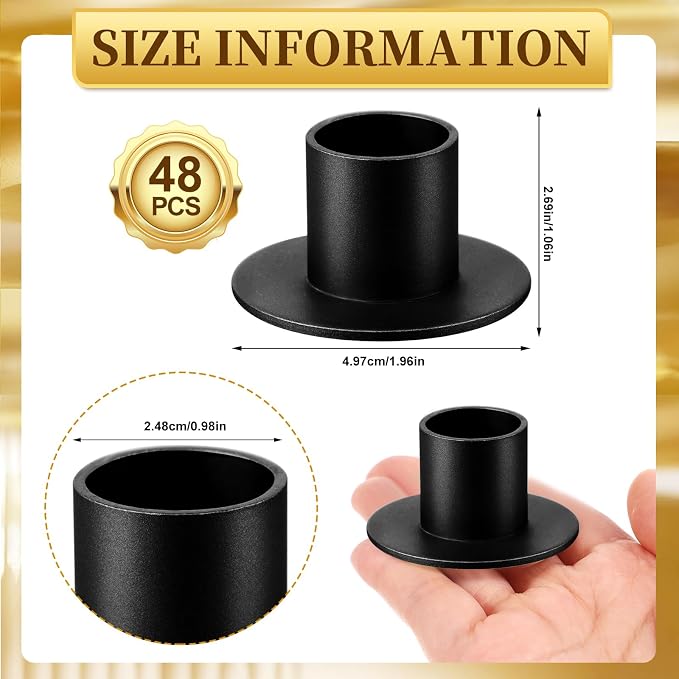 48 Pcs Black Metal Taper Candle Holders Bulk for Wedding Pillar Candles Taper Candlesticks Holders Centerpieces Short Candle Stick Dinner Decor for Party Anniversary Dinning Table Gift (48, Black)