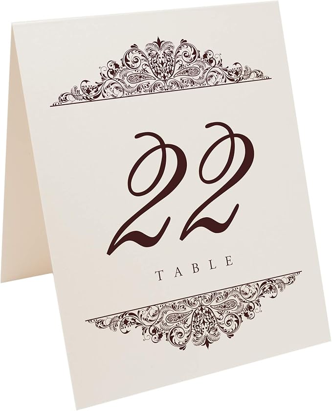 Paisley Wedding Table Numbers (Select Color/Quantity), Champagne, Chocolate, 1-175, Double Sided, Tent or Use in a Stand, Great for Parties & Restaurants - Made in the USA