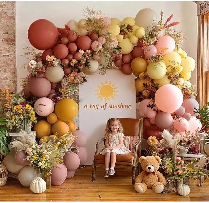 Dusty Pink Yellow Balloon Arch Kit Double Stuffed, Mauve Pink Mustard Light Yellow White Sand Balloon Garland for Baby Shower Birthday Bee Groovy Boho Rainbow Sunshine Party Decoration