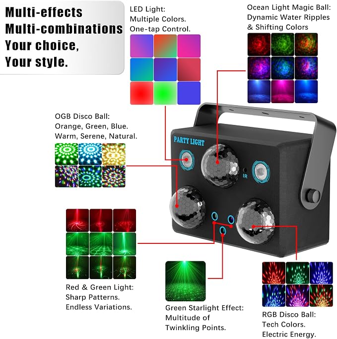 Disco Ball Party Lights,DJ Disco Light Sound Activation & Remote Control Stage Lighting with Star Projector, Ocean Wave and LED Strobe for Home Christmas Birthday Wedding Bar and Club Decorations