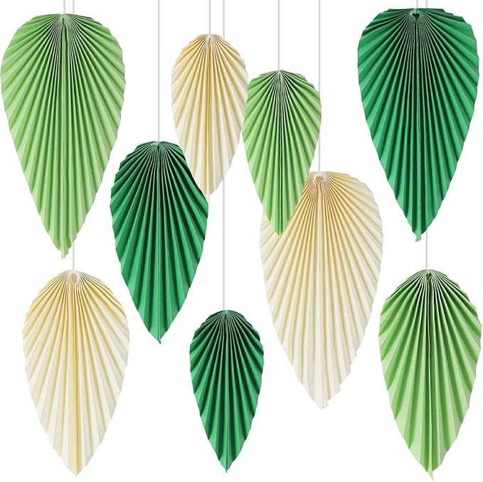 SUNBEAUTY Paper Fans Party Decorations Paper Leaves for Decoration Paper Fans Classroom Decoration Paper Fans Backdrop Decor Green Birthday Decorations,Set of 9