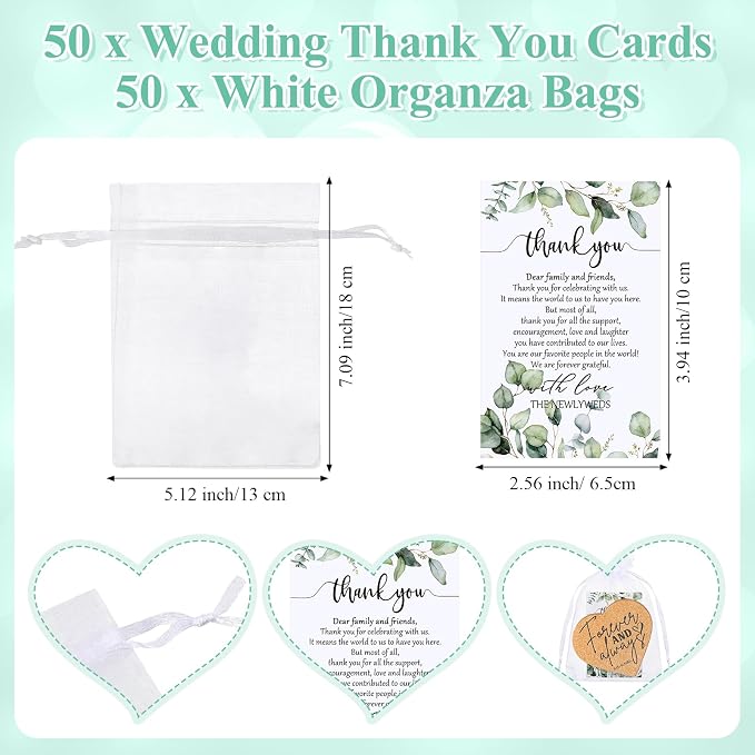 Uiifan 50 Sets Wedding Favors for Guest Heart Shaped Cork Coasters Sets Wedding Gifts Bulk Thank You Cards and Organza Bags Bridal Shower Favors for Souvenirs Engagement Party