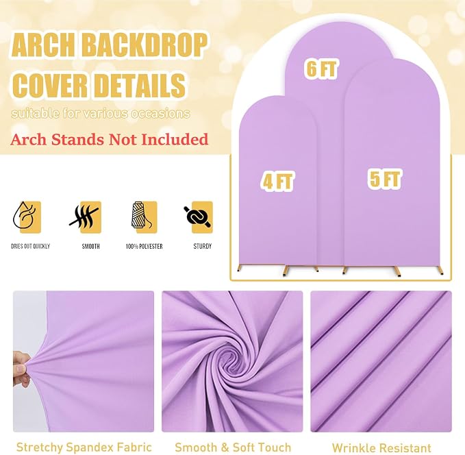 FUHSY Arch Covers Set of 3 Wedding Arch Backdrop Cover 4FT 5FT 6FT Lavender Backdrop Arched Covers Happy Birthday Arches Frame Cover for Bridal Baby Shower Party Decoration