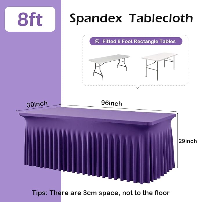 NSSONBEN 2 pk Purple Spandex Tablecloth for 8 Foot Rectangle Tables,Wrinkle Free Fitted Spandex Table Covers 8ft Stretch Table Cloths with Ruffle Skirt for Parties Weddings Banquet Baby Shower