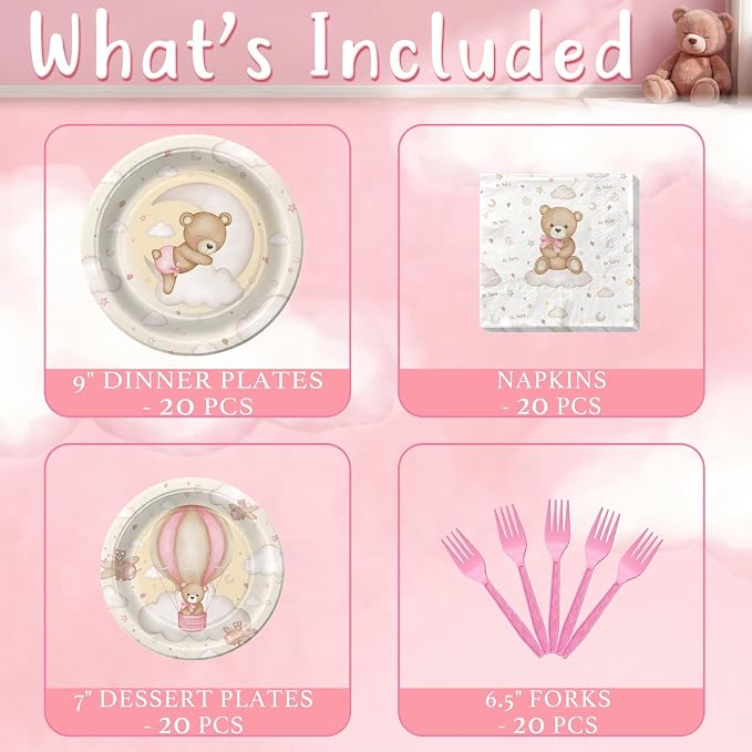 Teddy Bear Baby Shower Plates and Napkins Set for Girl – We Can Bearly Wait Baby Shower Decorations – Serves 20, Paper Plates, Napkins – Bear Party Supplies Decorations Tableware for Birthday