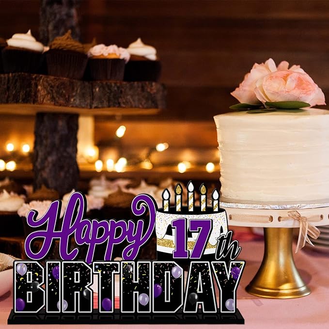 LINGTEER Happy 17th Birthday Purple Acrylic Table Topper Centerpieces Set - Cheers to Seventeen Years Old Birthday 17th Bday Party Gift Decorations.