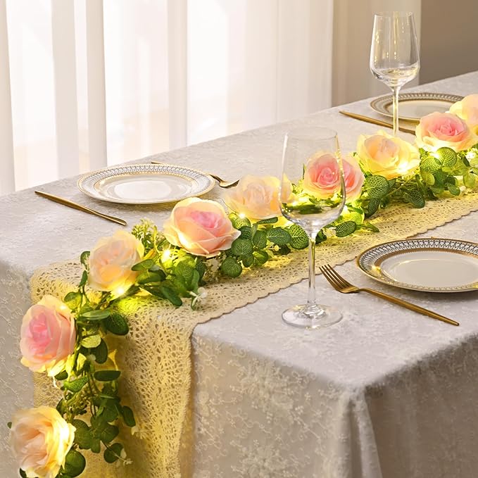 Dolicer 2Pcs Artificial Eucalyptus Garlands with Flowers - 8 Roses, Faux Floral Greenery Garlands Fake Flower Vines for Wedding Table Centerpieces Arch Party Decor (Pink)