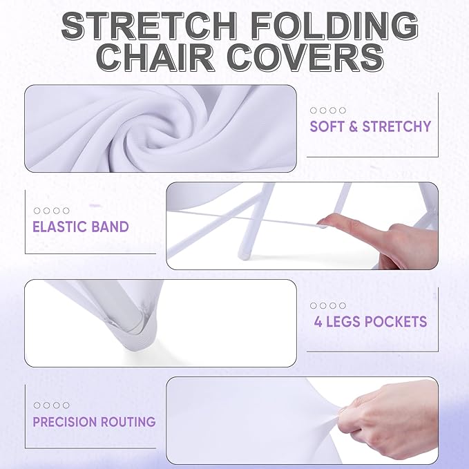 Lounsweer 50 Pcs Folding Chair Cover Set with 25 Stretch Spandex Slipcovers 25 Satin Chair Sashes Bows Ribbon Washable Banquet Protector for Wedding Event Party(White, Lavender)