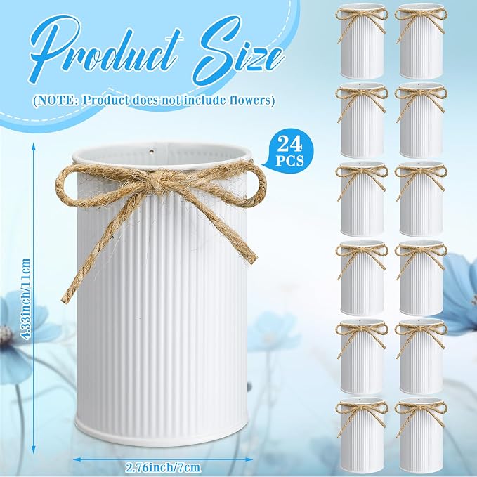 Rustic Vase for Table Centerpieces 4.33 Inch Small Petite Flower Vase with Twine Bow Vintage Farmhouse Decor for Wedding Reception Dining, Home Galvanized Metal Buckets(White,24 Pcs)