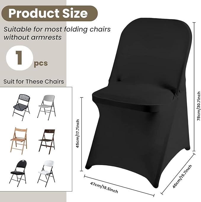Folding Chair Covers Black Stretch Spandex Chair Covers Upgraded Universal Washable Fitted Chair Slipcovers Protector for Party, Wedding, Holidays, Banquet, Celebration (Black)