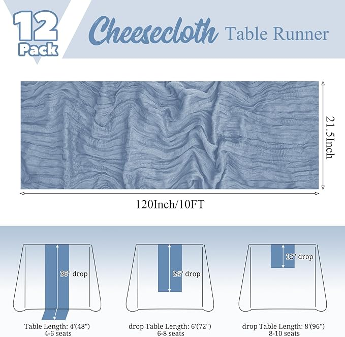 12 Pack Dusty Blue Table Runner 10Ft Cheesecloth Table Runner Rustic Gauze Table Runners Romantic Long Sheer Fabric Cheese Cloth Table Runners for Wedding Party Bridal Baby Shower