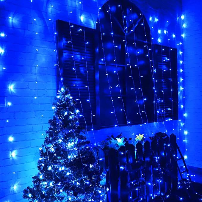 HEYFUNi Blue Christmas Curtain Lights Plug in, 304 LED 9.8FT x 9.8FT | 8 Modes Blue Bachdrop Lights with Memory, Hanging String Lights for Bedroom, Wedding, Christmas, Party, Patio, Dorm Decor