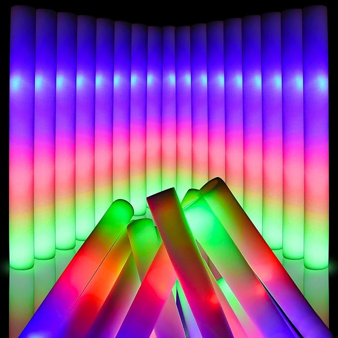 wellent 58 PCS LED Foam Glow Sticks Bulk, Glow in the Dark Party Supplies with 3 Modes Colorful Flashing, Neon Party Favors for Birthday, Wedding, Carnival, Concert, New Year Glow Sticks