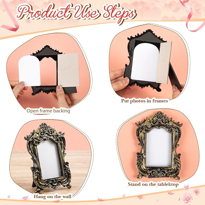 Maitys 15 Pcs Mini Picture Vintage Frames with Stands Tiny Antique Photo Baroque Ornate Resin Oval Frame Table Top Display Home Wedding Decor (Black Gold)