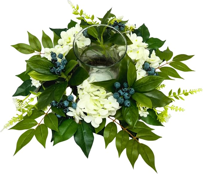 All Season Floral Arrangement Centerpiece for Table Glass Candle Holders with Artificial Hydrangea Flowers Blueberry Eucalyptus Leaves for Dining Room Indoor Outdoor Home Decor