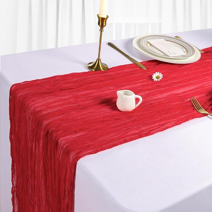 6 Pack Red Table Runner Cheesecloth 10Ft Spring Gauze Cheese Cloth Table Runner 35x120 Inch Boho Sheer Rustic Fabric for Holiday Party Decor Baby Shower Wedding Decorations