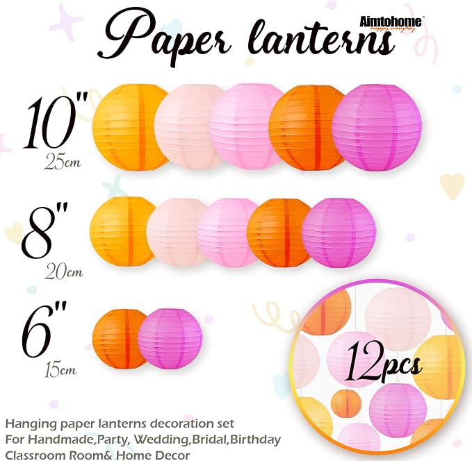 Vivid Color Paper Lanterns Set (12 Pcs) - 6/8/10 Inch Pink Orange Gradient Hanging Lanterns for Handmade, Party, Birthday,Bridal & Weeding,Baby Shower,Home Decor