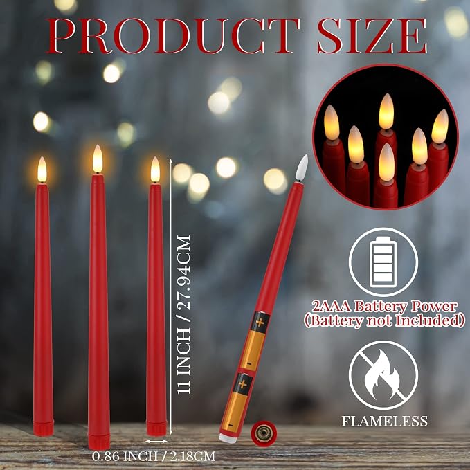 Macarrie 24 Packs Flameless Taper Candles Battery Operated Fake 11 Inch Long Candlelight LED Flameless Candlesticks Flickering Tapered for Summer Fall Wedding(Red)