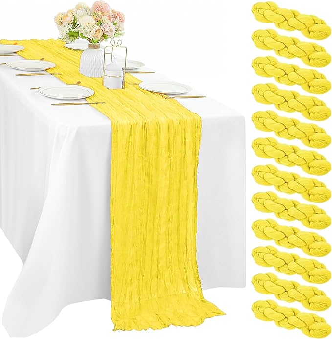 Yellow 12 Pieces Cheesecloth Table Runner 10FT Runner for Table Gauze Fabric Boho Table Runner Decoration Rustic Sheer Runner for Wedding Shower Birthday Party Table Arbor Decor (35 x 120 Inches Long)