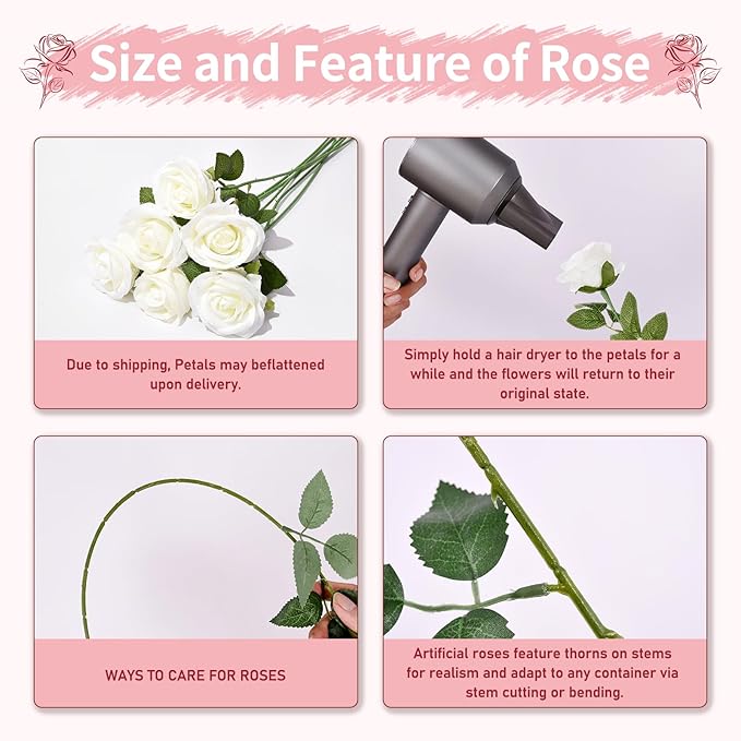 50 PCS White Roses Artificial Flowers, Fake White Roses Bouquet,White Artificial Silk Roses with Stems for DIY Wedding Flowers Decoration, Valentines Day, Home Decor, Bridal Bouquet Roses