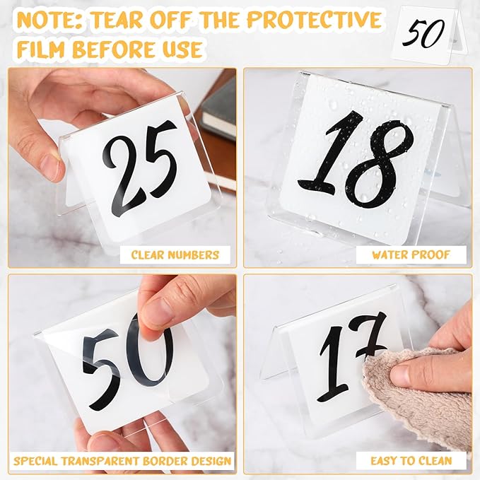 Suzile Table Numbers 1-100, 100-piece Double Sided Gold Acrylic Table Number Tents, 3.15" x 2.75" Number Signs for Receptions, Banquets, Restaurants, and Wedding (White and Black)