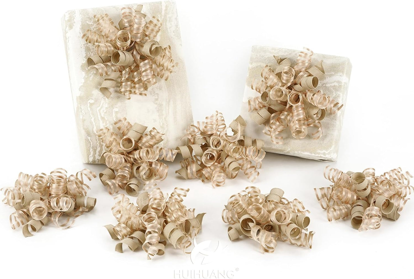 HUIHUANG Curly Bows for Gift Wrapping Champagne Gift Bow 5 inch x 8 Counts Self-Adhesive Ribbon Bows for Presents, Paper Bag, Party Favors, Wrapping Accessories, Holiday Wedding Decoration