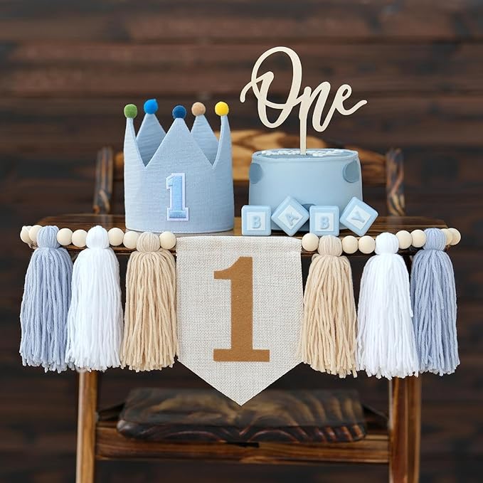 Blue Baby Boy 1st High Chair Banner Wood Bead Tassel Garland Crown Hat Wooden Cake Topper Birthday Party Decorations