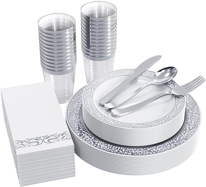 FOCUSLINE 175 Ct Silver Dinnerware Set for 25 Guests, Plastic Plates with Silver Lace Rim Design, Including 25 Disposable Dinner & Dessert Plates, Cups, Napkins, Cutlery Set