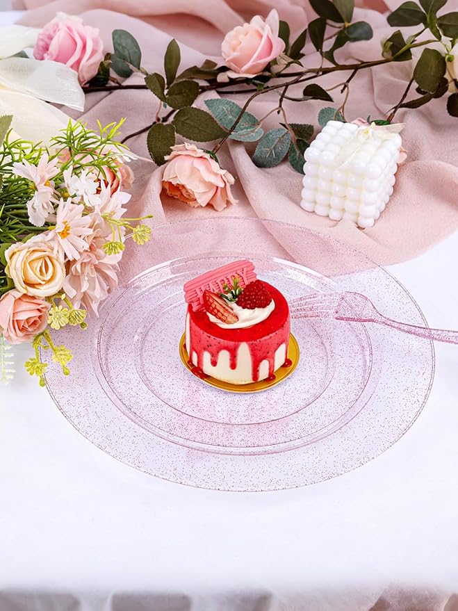 WDF 200PCS Pink Plastic Plates - Rose Gold Glitter Plastic Plates - Heavy Duty Pink Glitter Disposable Plates for Wedding Baby Shower Spring Birthday Mother's Day