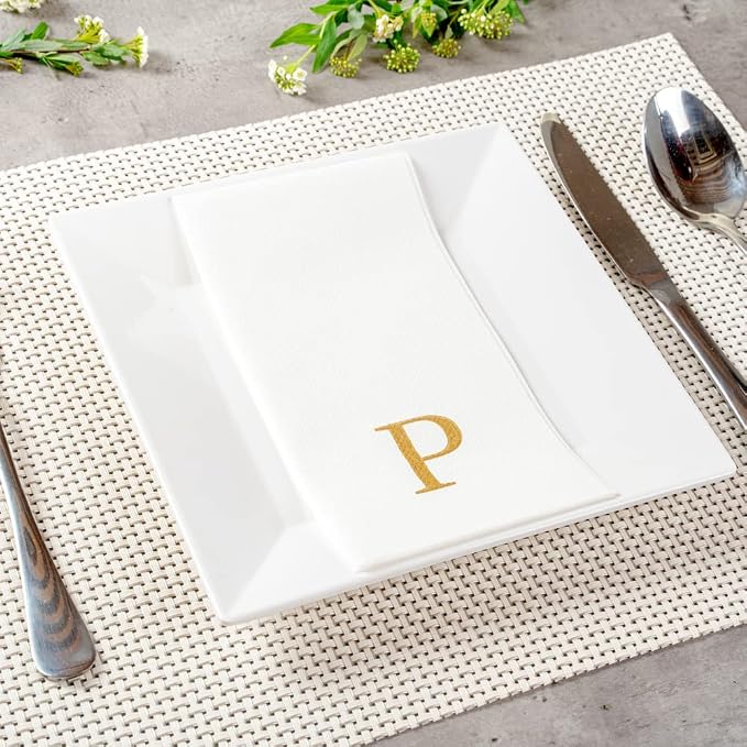 Luxenap 15.8 X 7.9 Inch Linen-Feel Guest Towels, 50 Lettered Hand Towels - Gold Letter 'P', Sans Serif Font, White Paper Dinner Napkins, airlaid, For Restrooms And Tables